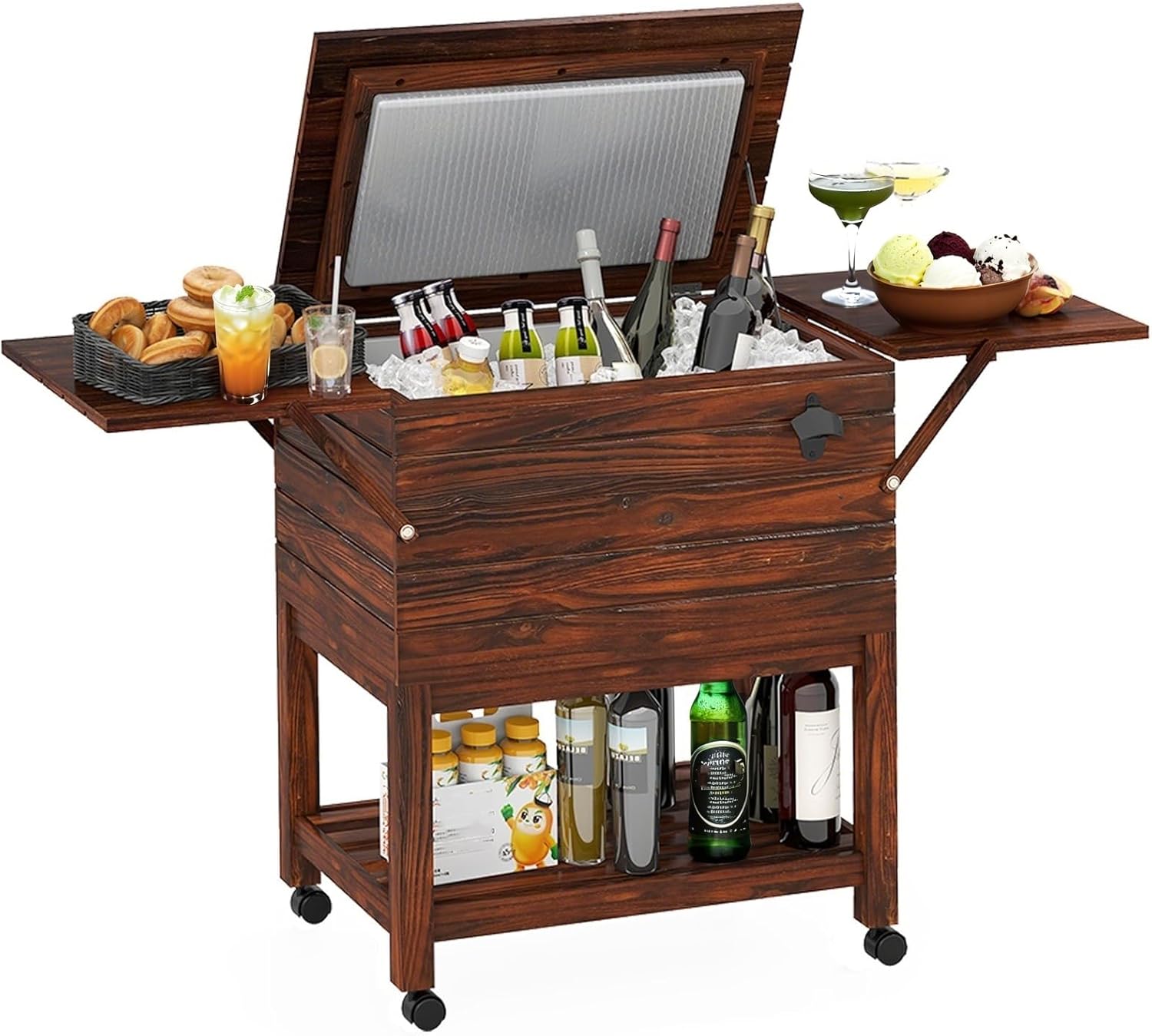 Giantex 54 Quart Wooden Patio Cooler Cart with Wheels, Outdoor Rolling Ice Chest with Foldable Side Shelves, Bottle Opener & Bottom Storage, Insulated Beverage Cooler for Deck, Poolside, BBQ Party