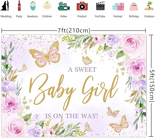 Miniatura 3 de Decoración de mariposa para baby shower para niña, telón de fondo de 7 x 5 pies, A Sweet Baby Girl is on the Way Flores florales moradas Fondo de
