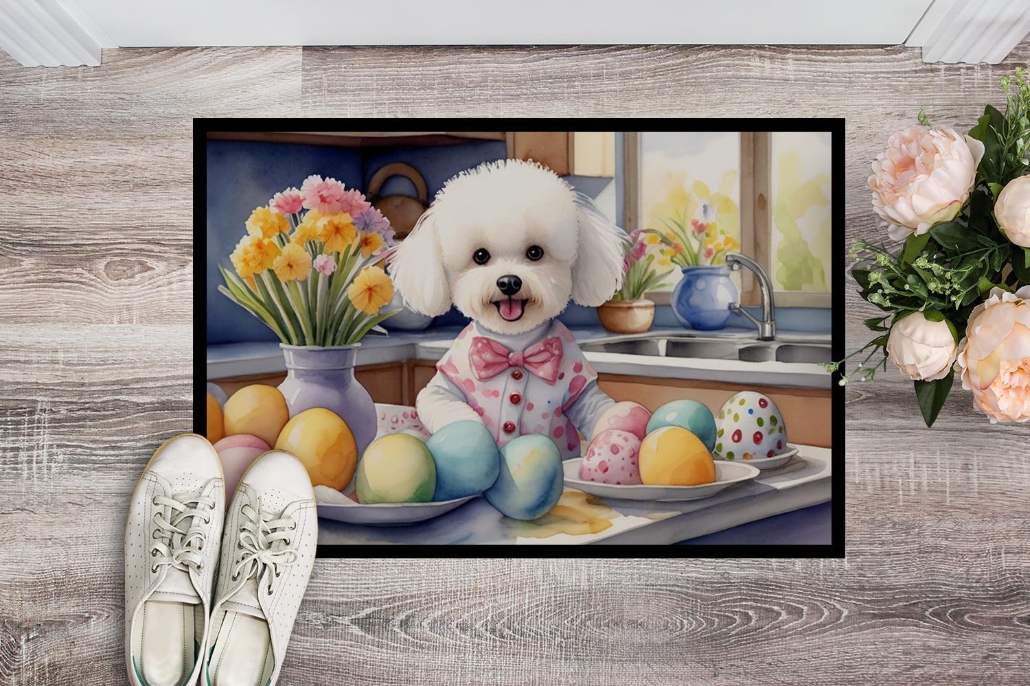 Caroline's Treasures DAC6763JMAT Decorating Easter Bichon Frise Doormat Front Door Mat Indoor Outdoor Rugs for Entryway, Non Slip Washable Low Pile, 24H X 36W