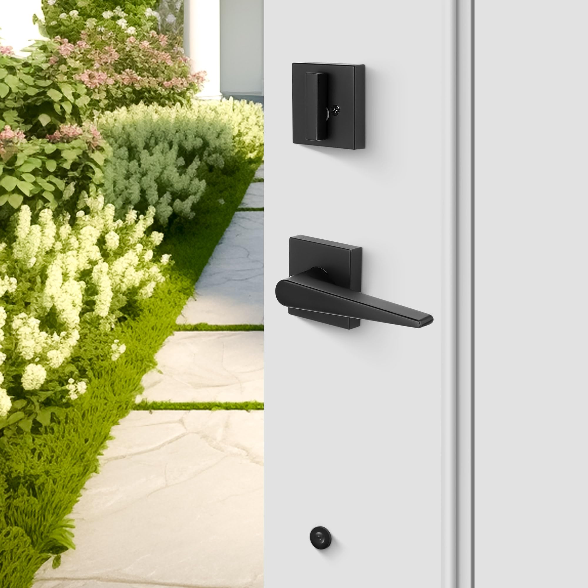 LOQRON Full Escutcheon HandleSet Front Door Handle Set Heavy Duty Square Door Lever and Single Cylinder Deadbolt Combo Reversible for Right and Left Handedâ€“ Matte Black Finish