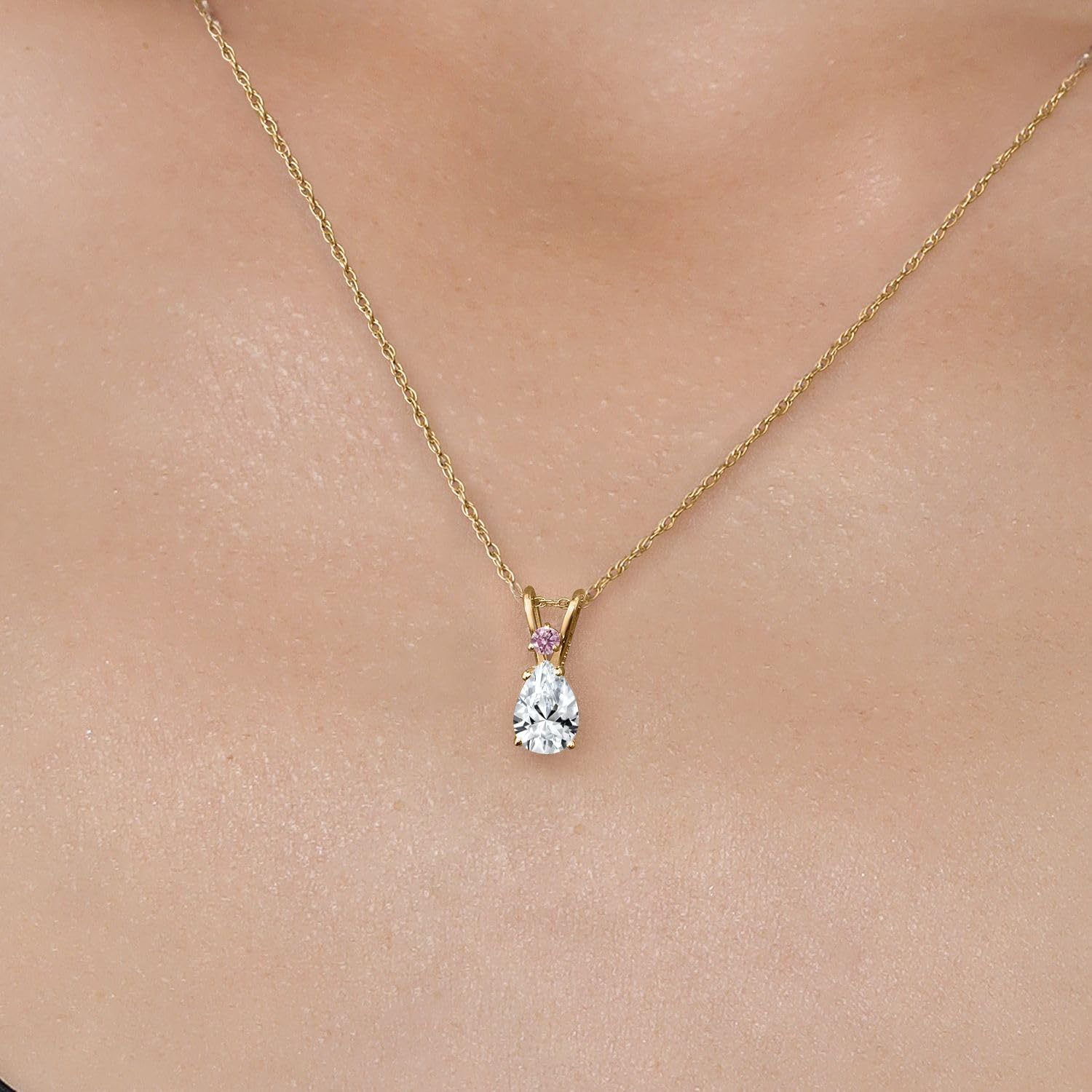Gem Stone King 14K Yellow Gold White Created Sapphire and Pink Lab Grown Diamond Pendant Necklace for Women | 1.02 Cttw | Gemstone September Birthstone | Pear Shape 7X5MM | With 18 Inch Chain - Image 3