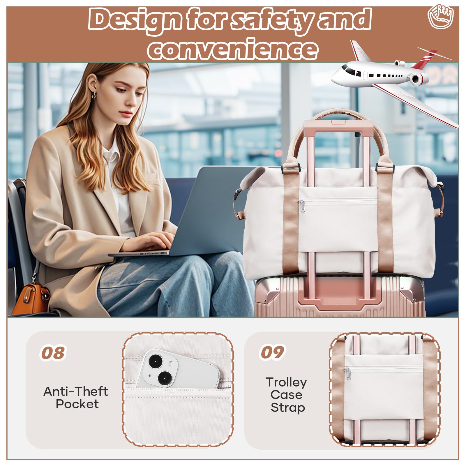 Bolsa deportiva de viaje grande para gimnasio, para mujer, bolsa de fin de semana, X-beige, Large, Deportivo
