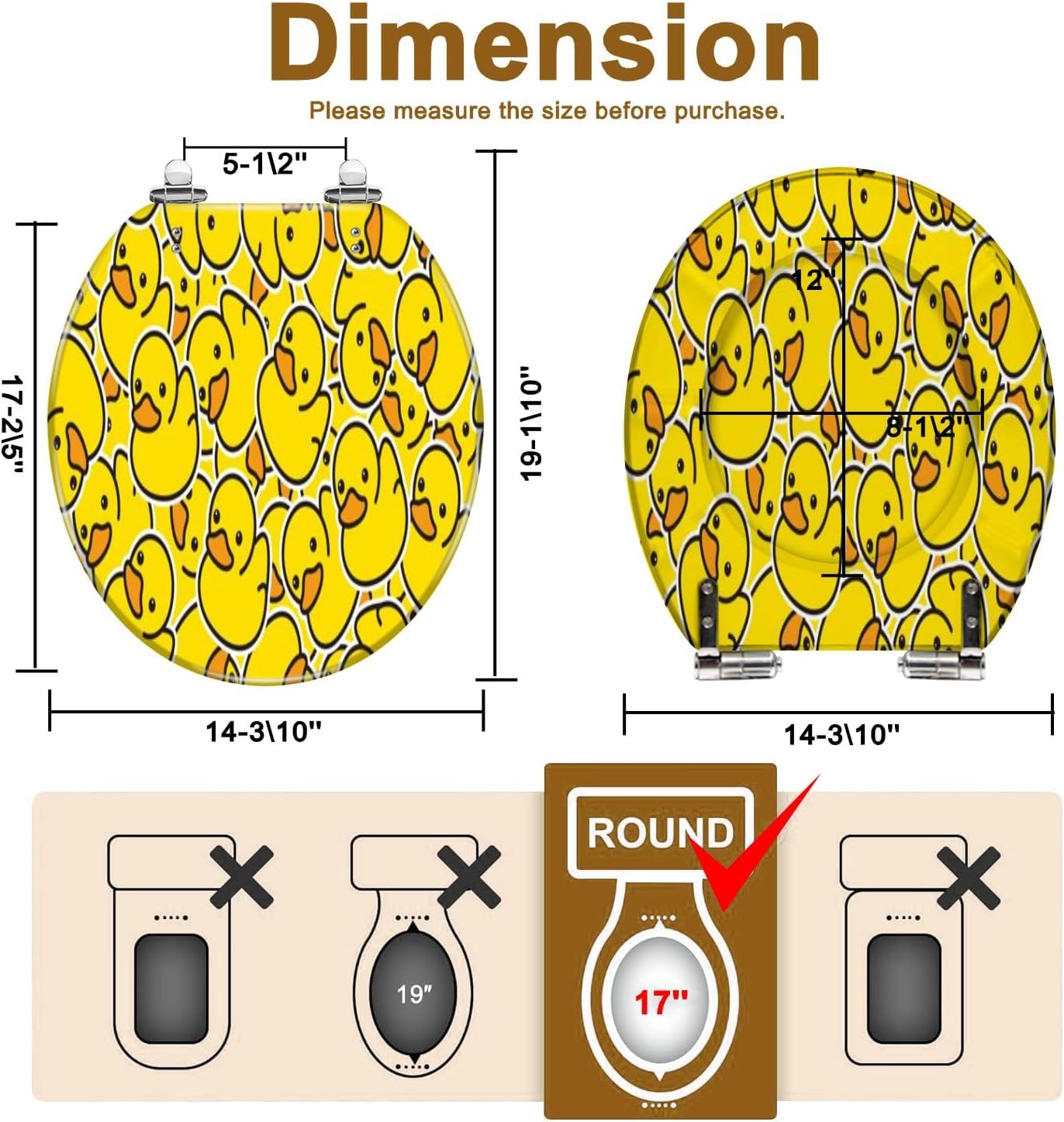 Round Toilet Seat Duck Seamless Rubber Ducky Cartoon Bird Bath Shower Repeat Tile Gift Resin Toilet lid with Quietly Close Quick Release Hinges Decorative Seat with Cover Easy to Clean and Install