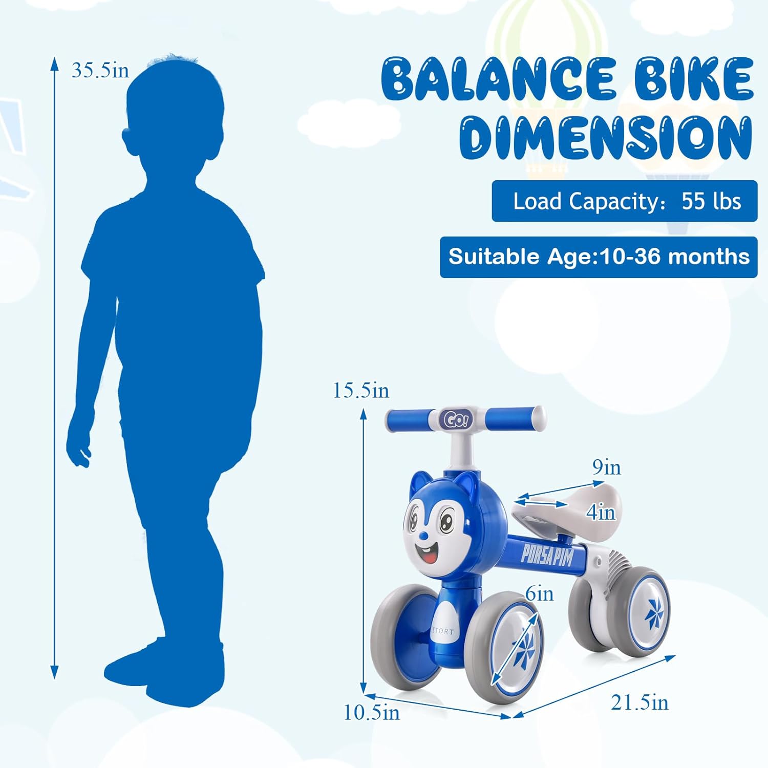 BABY JOY Balance Bike, No-Pedal Lightweight Toddler Bike with 4 Wheels, First Birthday Gift Balance Bike for 1+ Year Old Boys & Girls, Indoor & Outdoor Animal Ride-On Toy, Blue