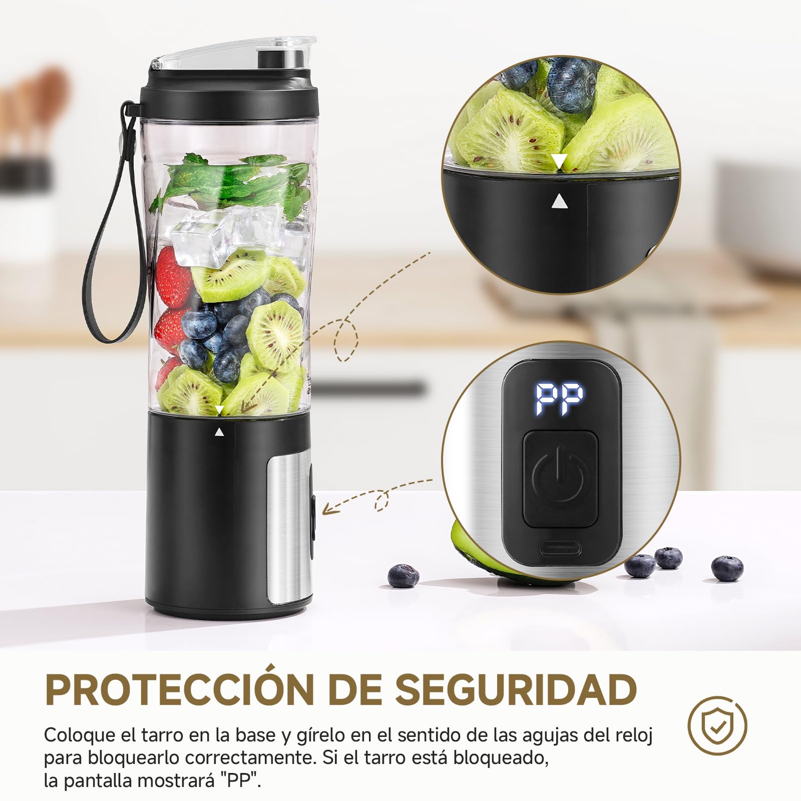 AMZCHEF Batidora portátil de 600 ml – Smoothie Maker con 6 cuchillas, motor de 120 W para llevar, carga rápida a través de USB-C, IPX6 resistente al agua, sin bisfenol A, mini batidora para batidos