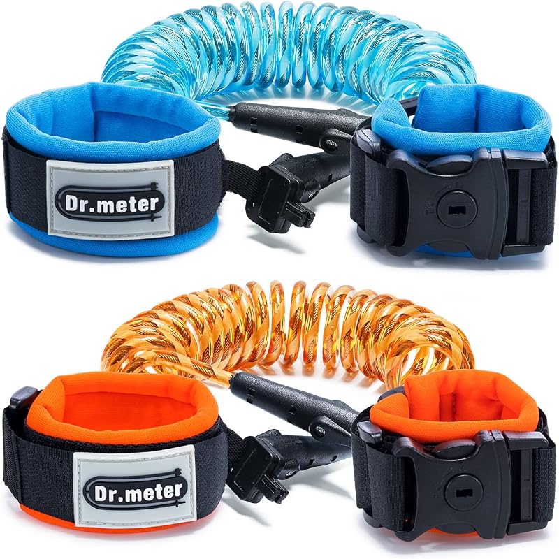 Dr.meter Correa para niños pequeños, paquete de 2 muñequeras antipérdida de seguridad con cerradura de llave | Arnés reflectante para caminar para niños, correa azul de 8,2 pies + naranja de 4,92 pies, para supermercado, centro comercial, aeropuerto, parque de atracciones, zoológico, viajes