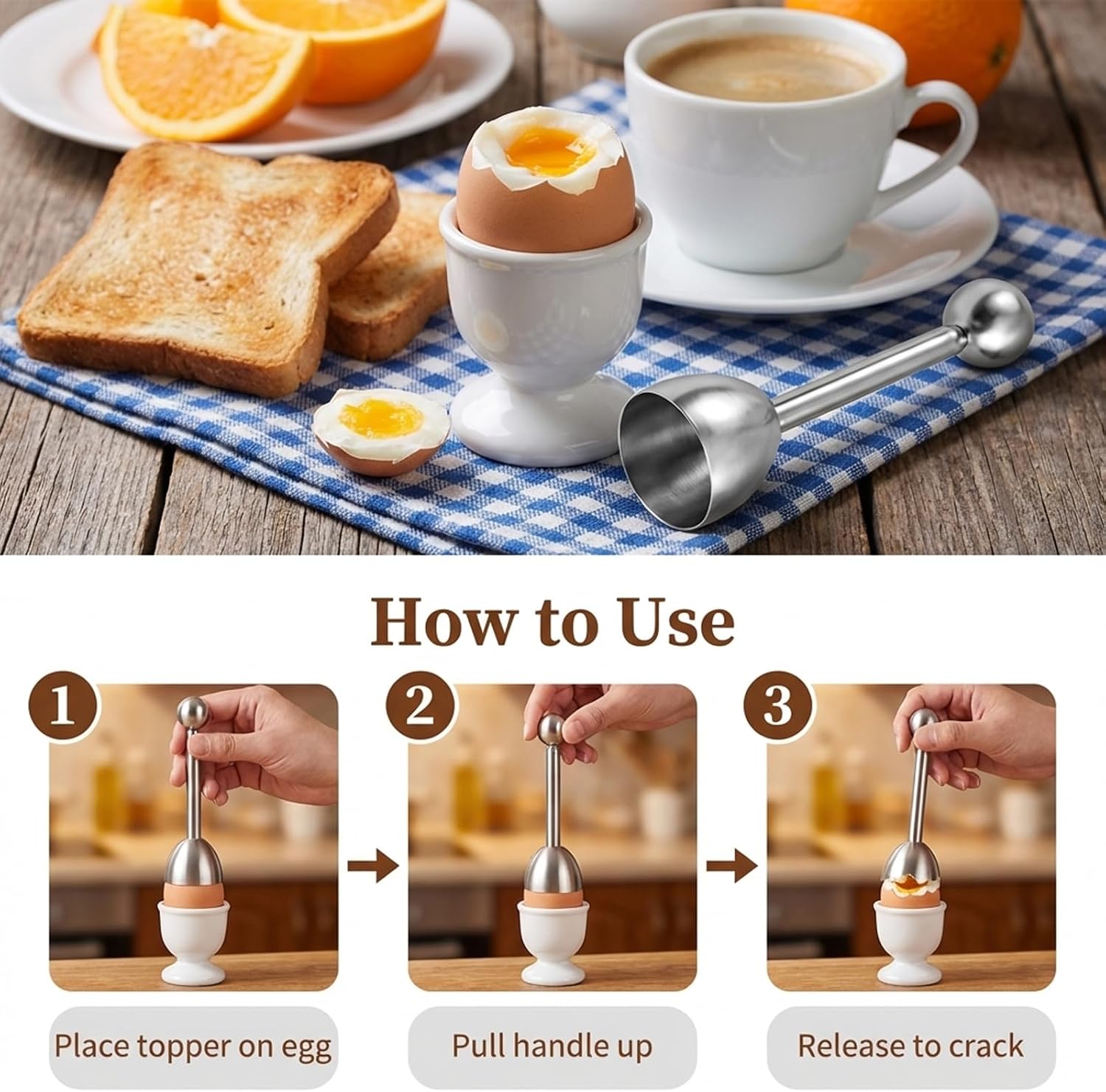 5PCS Egg Cooking Tools Set with Stainless Steel Egg Cutter and White Egg Cups, Egg Topper, Egg Cups for Soft Boiled Eggs, Kitchen Gadgets for Breakfast Preparation