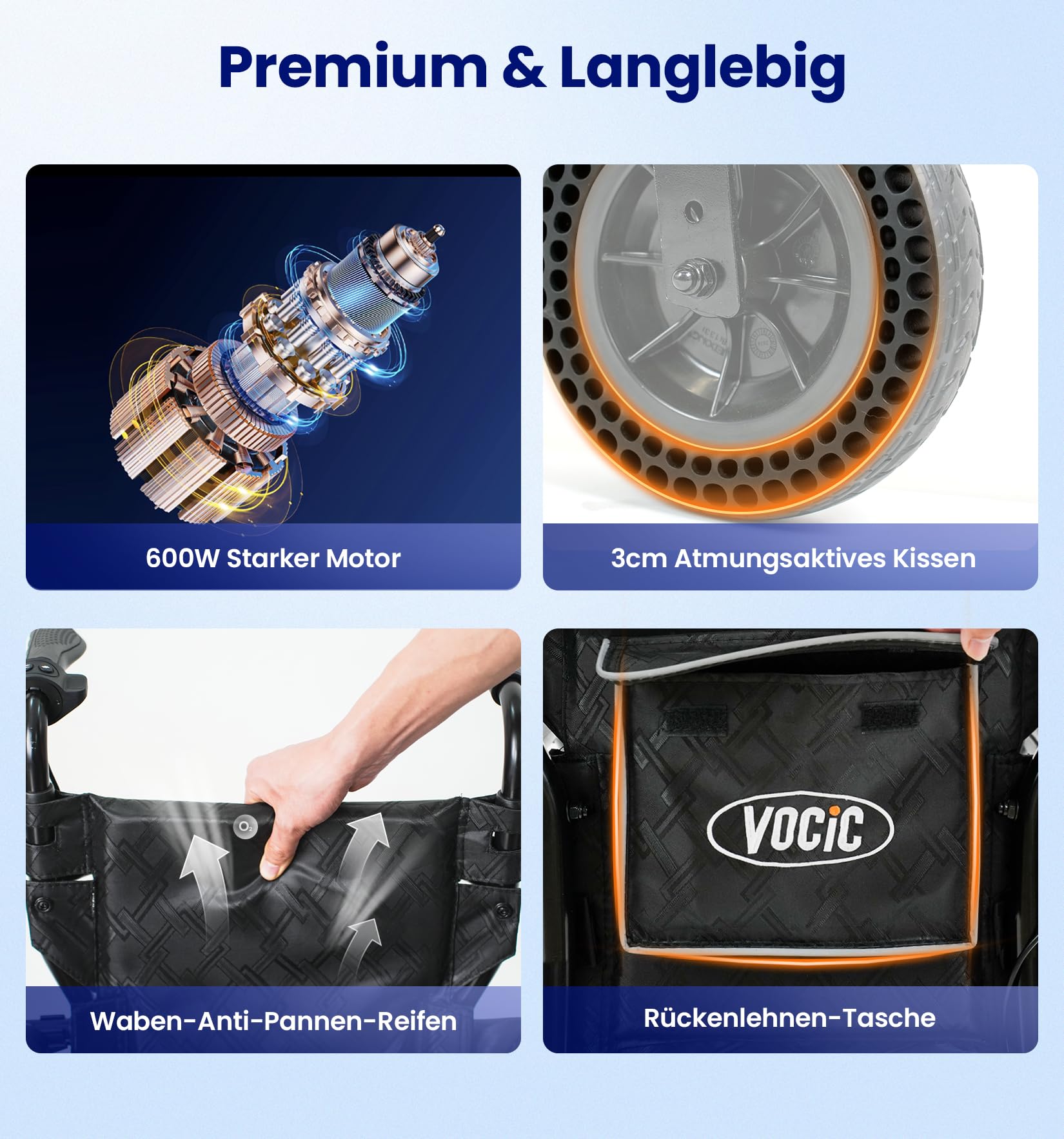 VOCIC Sedia a rotelle elettrica pieghevole leggera con controllo posteriore | Carrozzina elettrica fino a 136 kg, per tutti i terreni, 500W Electric wheelchair con Bluetooth, approvazione aereo