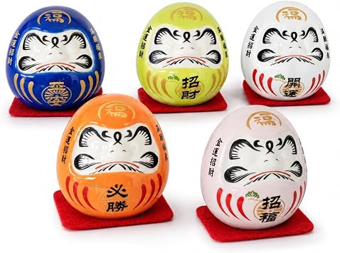 LOGOFUN 5PCS Small Daruma Figurine Ceramic No Eyes Good Luck Decor | No-Eye Daruma Set Fits Diy Wishing Rituals, Table Decor, Car Interiors And Good Luck Gifts