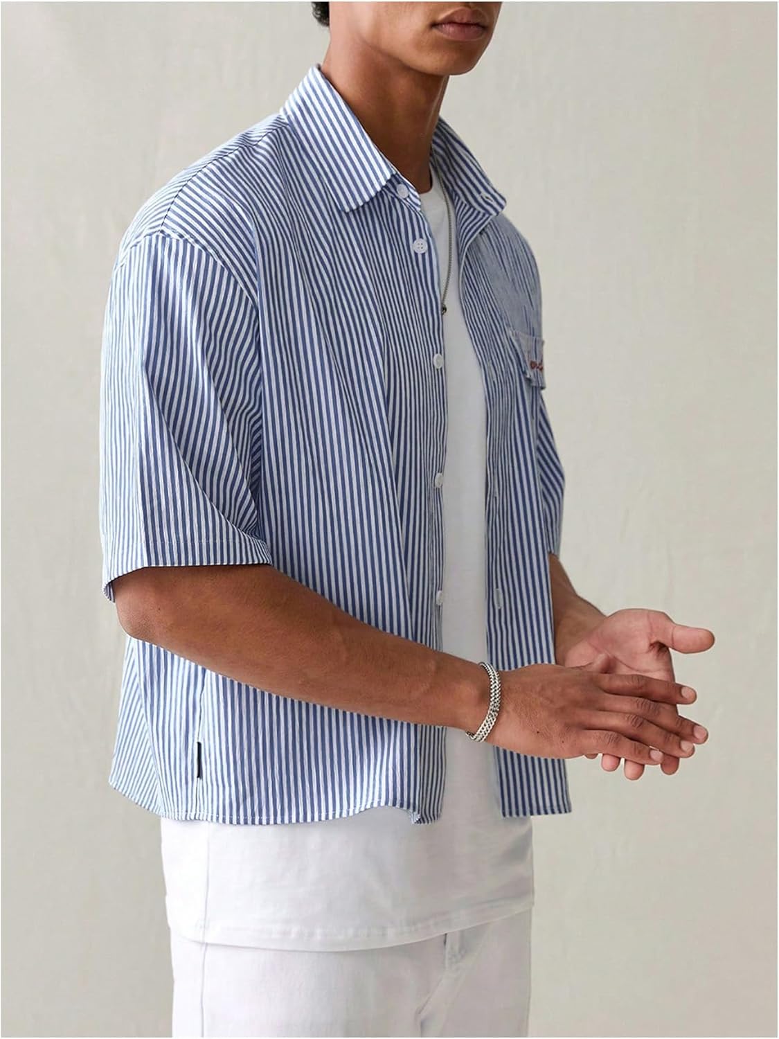 GORGLITTER Men's Striped Button Down Up Cropped T Shirt Short Sleeve Letter Summer Vacation Shirts Boxy Tees Streetwear - Image 3