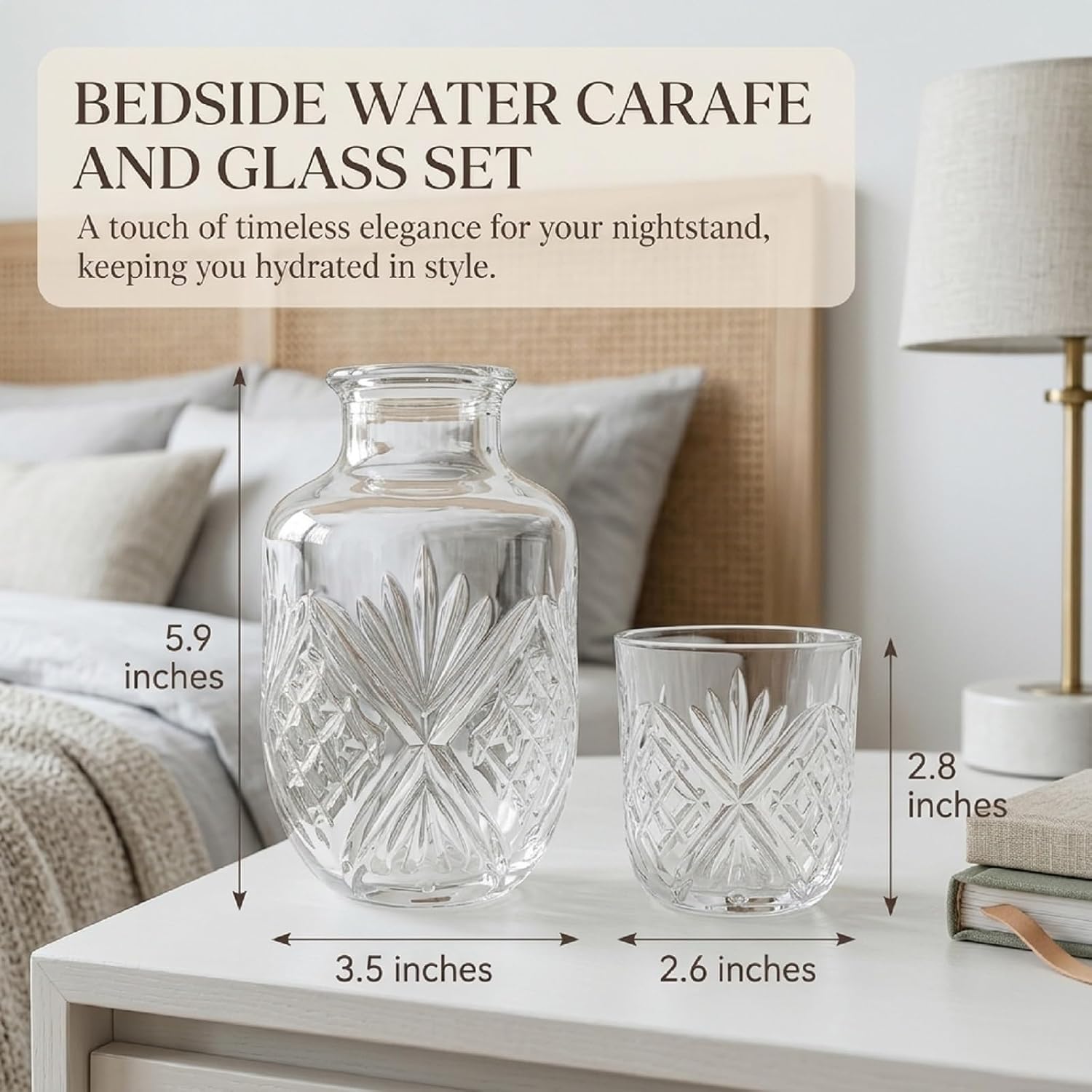 Set of 2 Vintage Bedside Water Carafe and Glass Set 20 OZ Clear Nightstand Pitcher with 5 OZ Cup Set Glass Mouthwash Decanter Vintage Elegant Glassware for Juice Kitchen Bedroom Bar Bathroom
