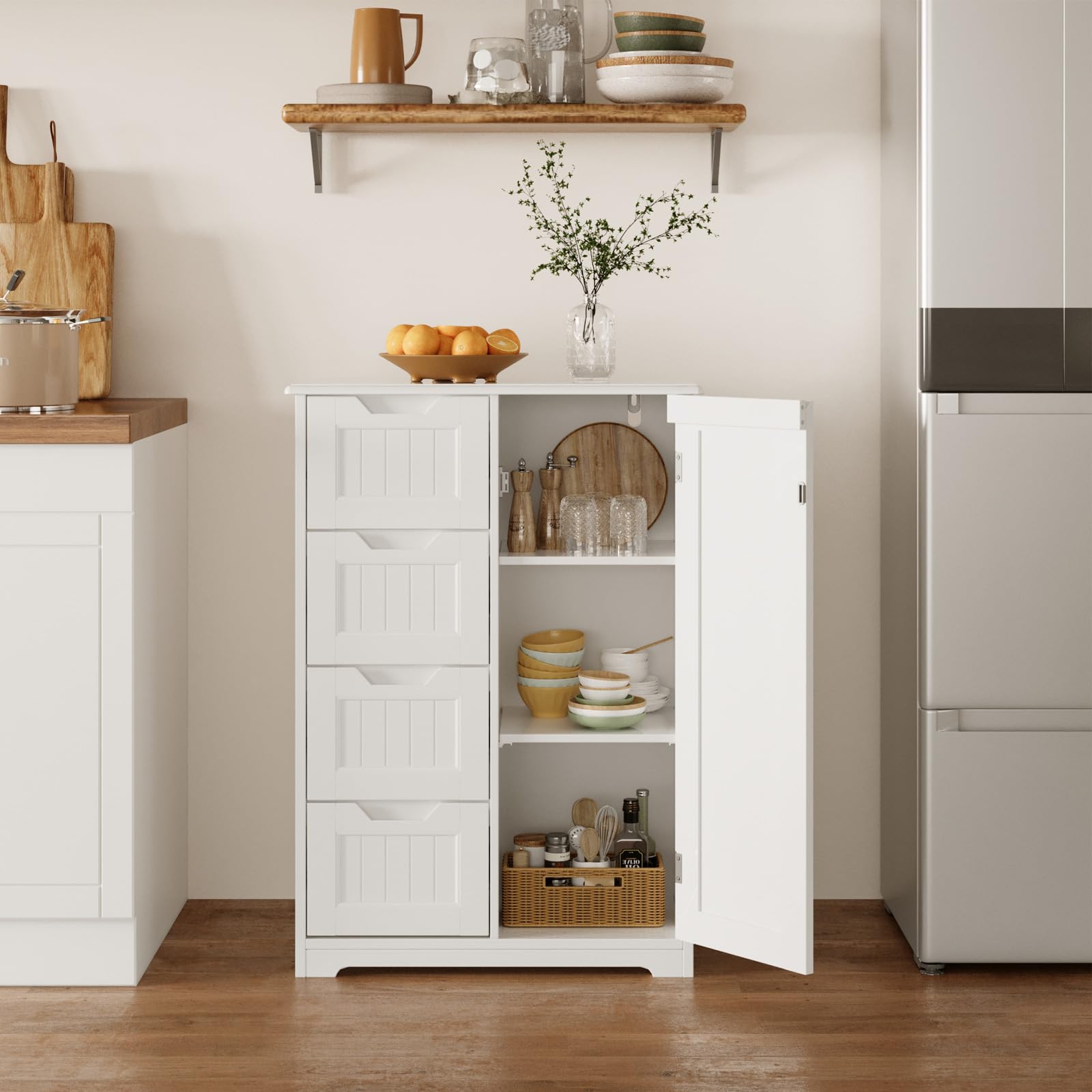 Bealife Aparador de Cocina, Mueble de baño con 4 cajones y 1 Puerta, aparador con estantes Ajustables para Cocina, baño, salón y Dormitorio.30 x 60 x 85cm(Blanco)
