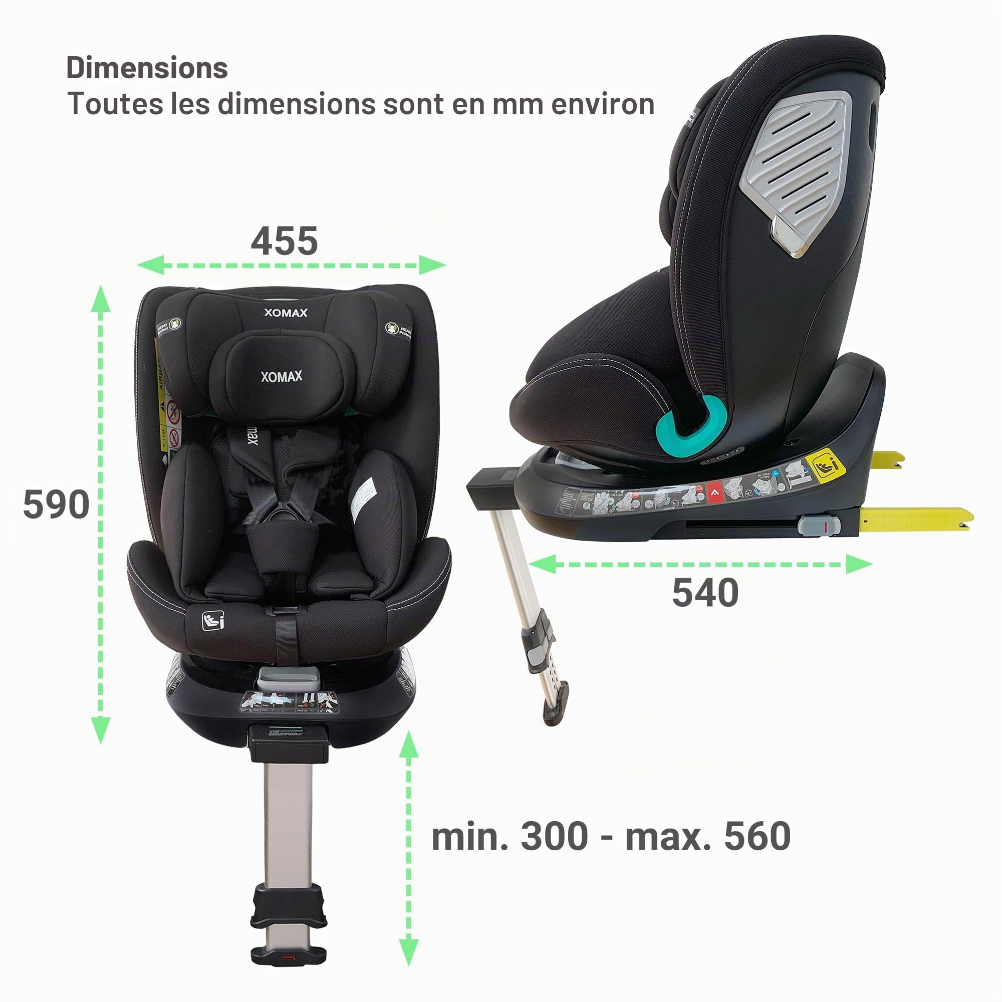XOMAX G409 - Siège enfant rotatif à 360° - Pied ISOFIX - Évolutif - 0-36 kg - 0-12 ans - Groupe 0+/1/2/3 - Harnais 5 points - Harnais 3 points - Housse lavable - ECE R129