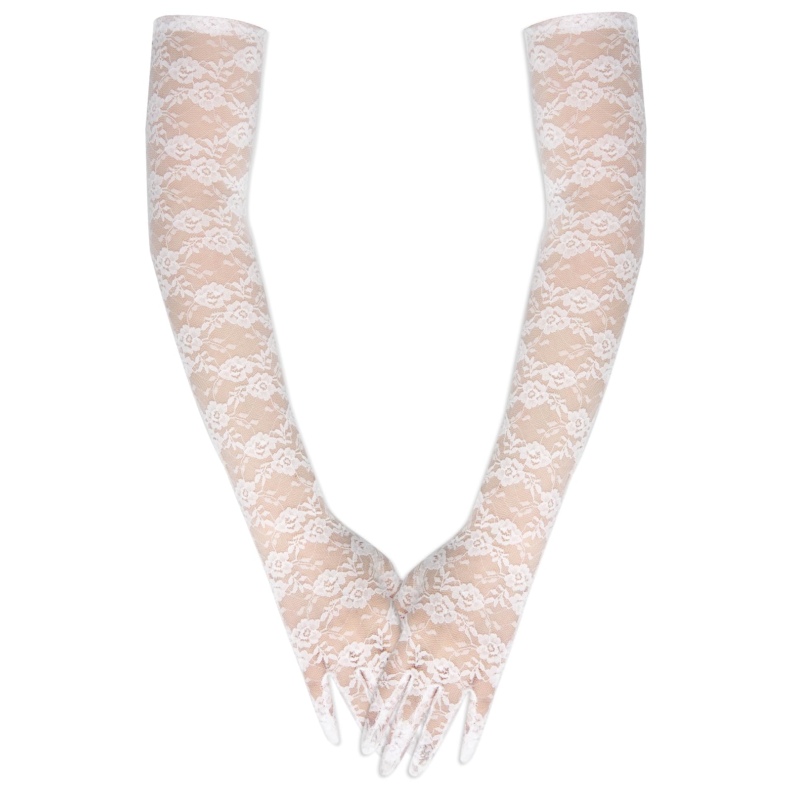 Long Keeper Floral Lace Long Elbow Gloves for Women Full Finger Opera Tea Party Bridal Gloves Elegant Long Lace Mittens for Evening Prom Wedding Costume (White, One Size)