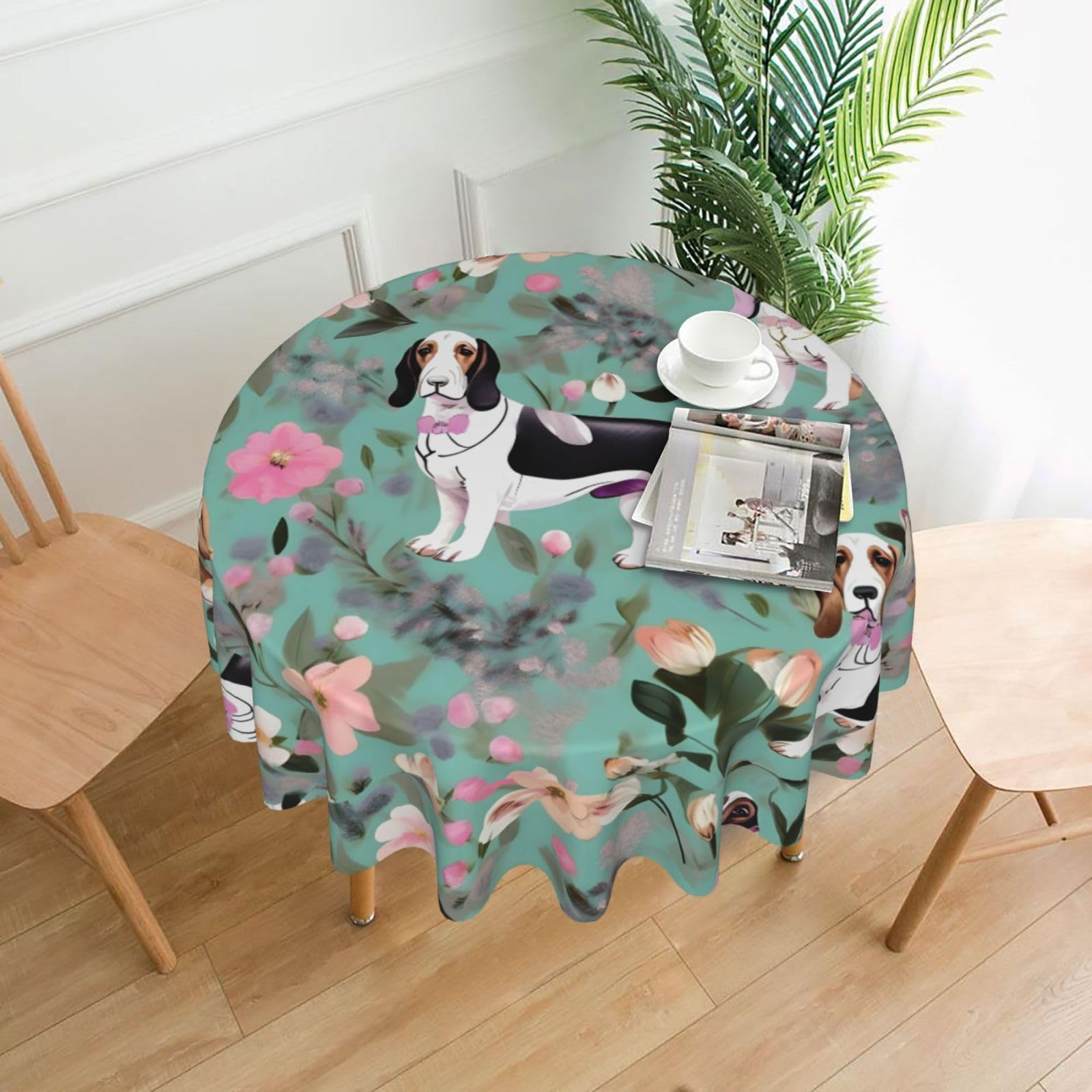 Nbtghga Sweet Basset Hound Florals Print Tablecloth Round Border Table Cloth Cover Decorative For Party Holiday Dinning Tabletop Home