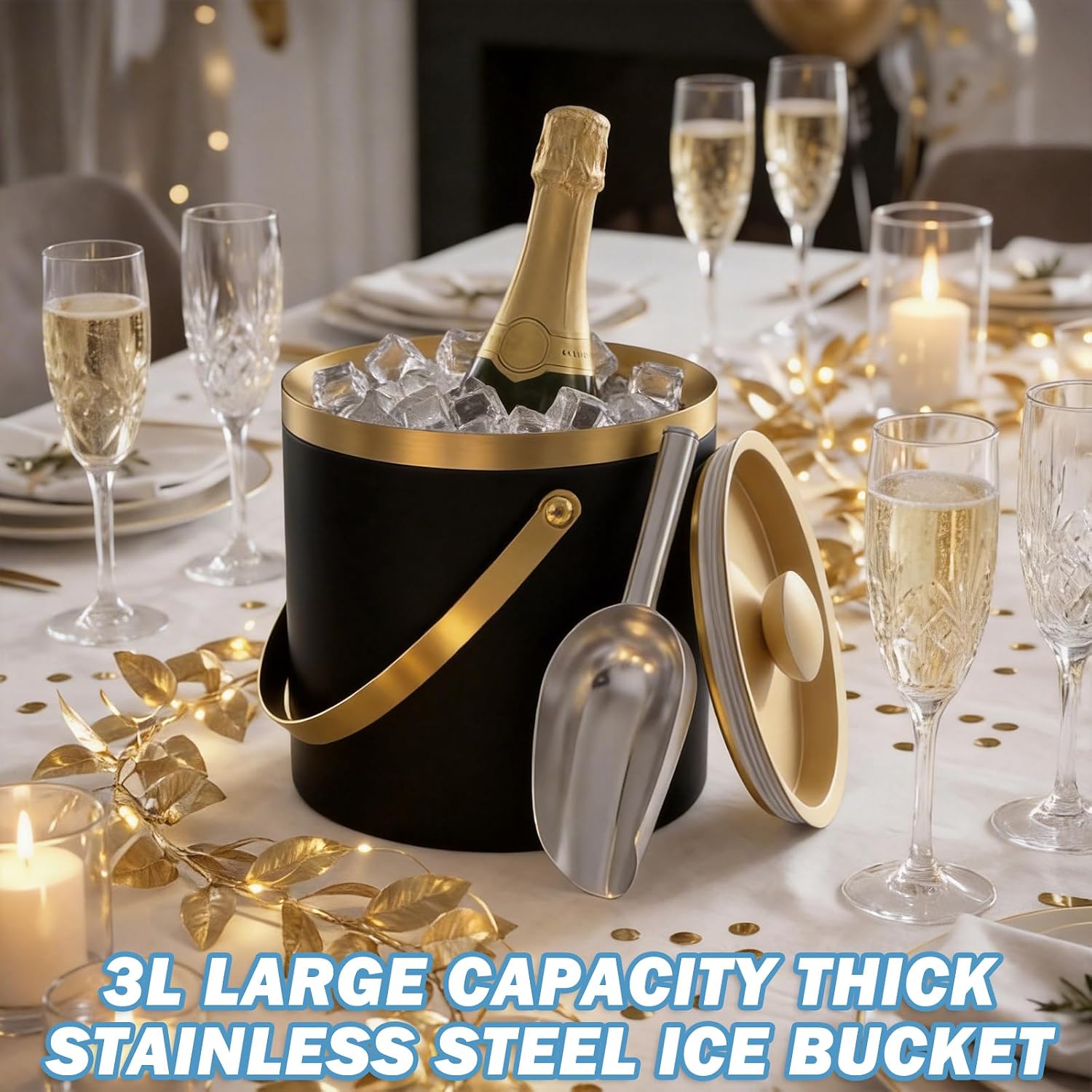 Stainless Steel Ice Bucket 3L Double Wall Insulated Ice Cube Container with Scoop for Cocktail Bar Party Camping Picnic.(Black Gold)
