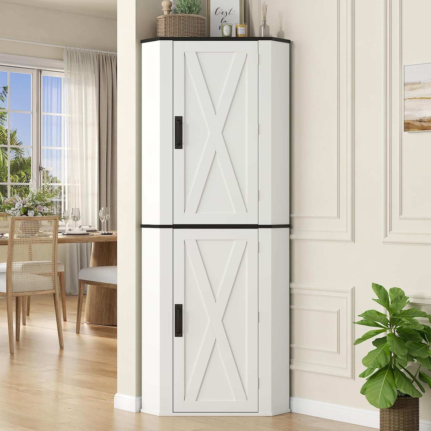 Gyfimoie Corner Cabinet, Freestanding Kitchen Pantry Storage Cabinet with 2 Doors and Shelves, Buffet Hutch with Side Shelf, Tall Farmhouse Food Pantry for Kitchen, Dining Room, White