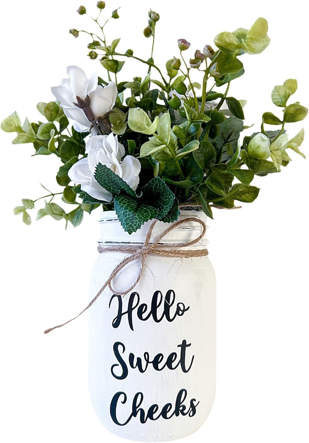 Hello Sweet Cheeks Bathroom Decor for Bathroom | Pint 16 oz, 7" Height | Hand Painted and Distressed Mason Jar Decor with Artificial Flowers | Rustic Farmhouse Funny Bathroom Decor for Shelf