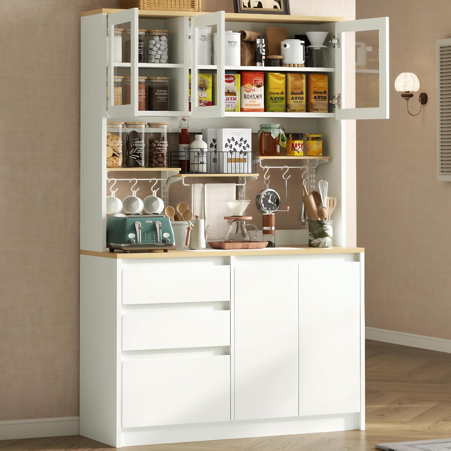 Drawers of the Loomie Pantry Cabinet filled with various food items