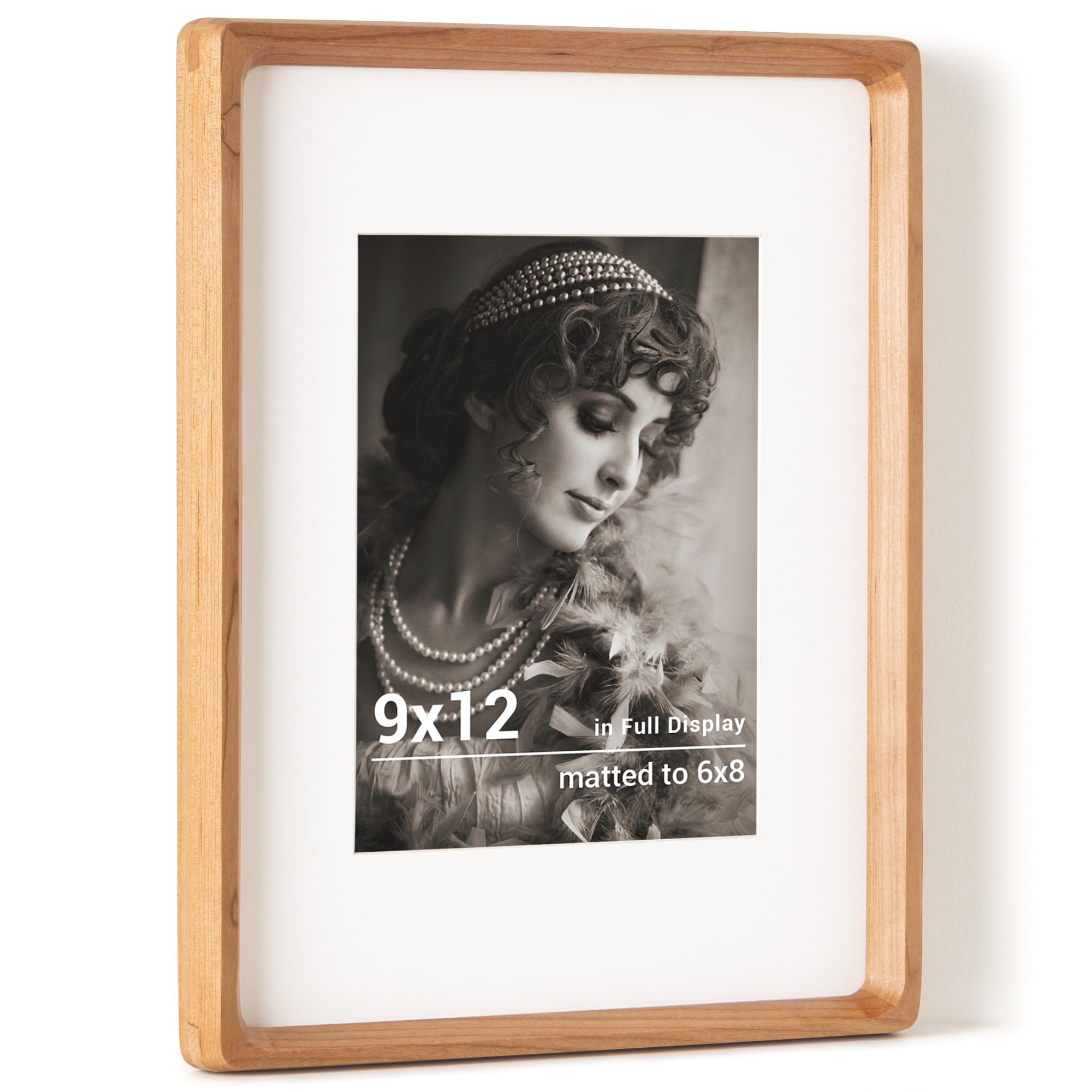 Fun Memories 9x12 Picture Frame, Natural Cherry Wood Photo Frames with HD Tempered Glass, Handcrafted Rounded Corner 9 x 12 Wooden Frames Matted to 6x8 Photos, 9x12 Frame, Tabletop or Wall Display — image 1