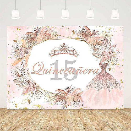 Miniatura 2 de Sendy Telón de fondo de quinceañera de 15 cumpleaños de 7 x 5 pies para niña dulce, bohemio, rosa dorado con purpurina Mis Quince Anos, decoración