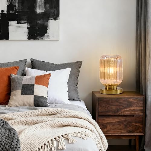 Miniatura 9 de Lámpara de mesa moderna de mediados de siglo globo de vidrio acanalado ámbar vintage regulable enchufe pequeñas lámparas de noche - Linda lámpara de