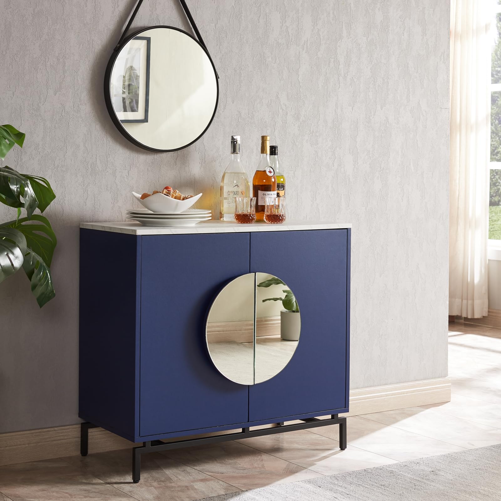 Home Source 31.5'' Modern Bar Cabinet with Storage,Liquor Wooden Cabinet with Half Moon Handles,Sideboard Wine Coffee Cabinet for Kitchen,Dining Room, Living Room,Mini Wine bar Cabinet,Blue