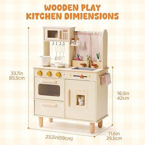 Miniatura 7 de ROBUD Juego de cocina de madera, cocina de juego de simulación para niños, cocina de juguete con microondas, fregadero, estufa y máquina de hielo,