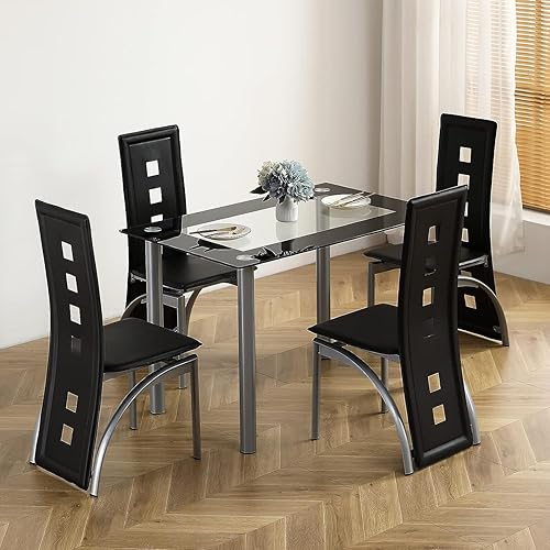 Miniatura 8 de Juego de mesa de comedor negra de 5 piezas para 4, juego de mesa y sillas de cocina de vidrio moderno, juego de mesa de comedor que ahorra espacio