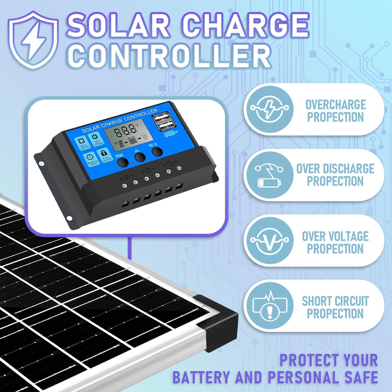 30 W Solarpanel 12 V Batteriewechsler + 10 A PWM Laderegler + Verlängerungskabel