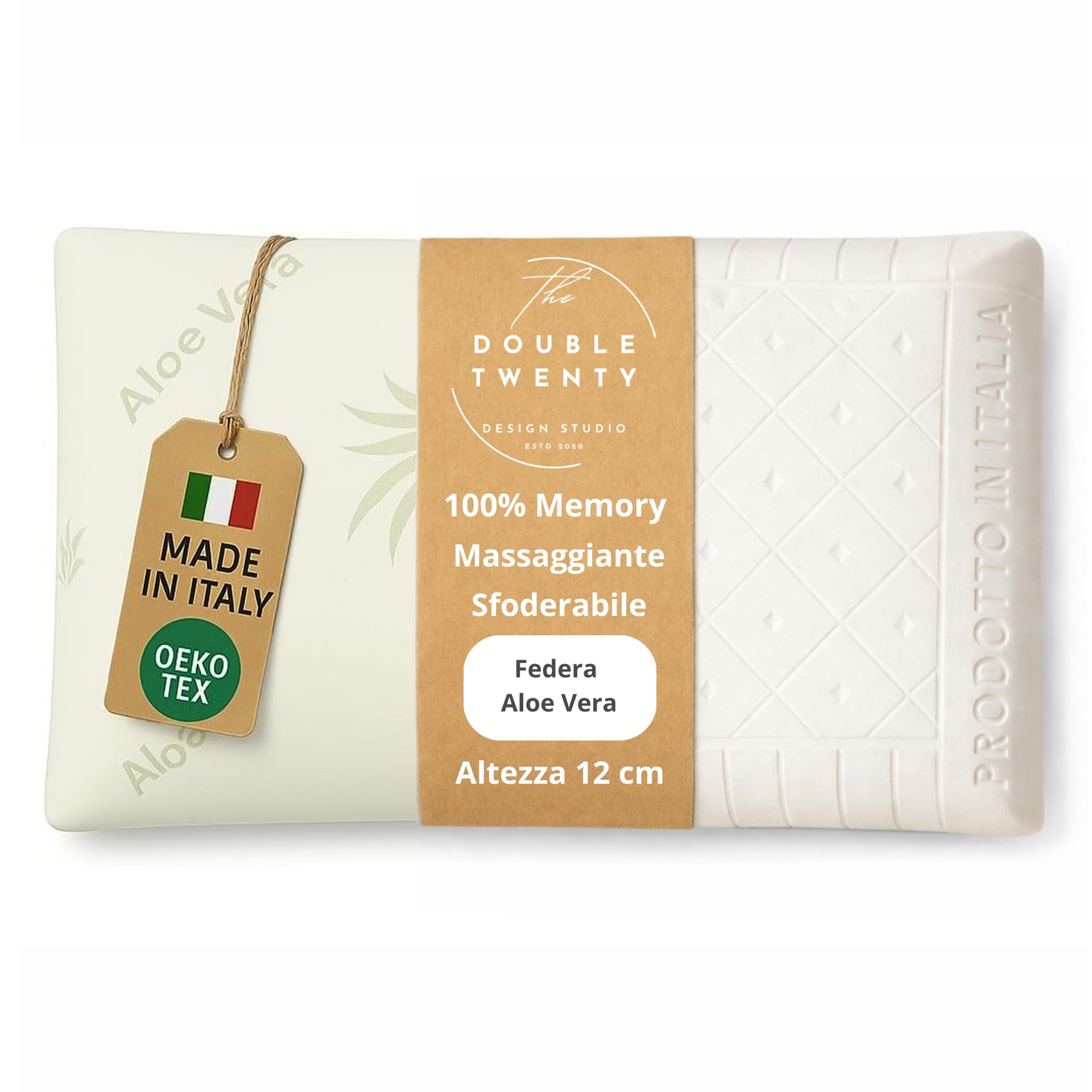 Double Twenty - Almohada cervical viscoelástica, altura 12 cm, 72 x 42 cm – Funda de Aloe Vera transpirable – Ergonómico Masajeador desenfundable antiácaros – Fabricado en Italia