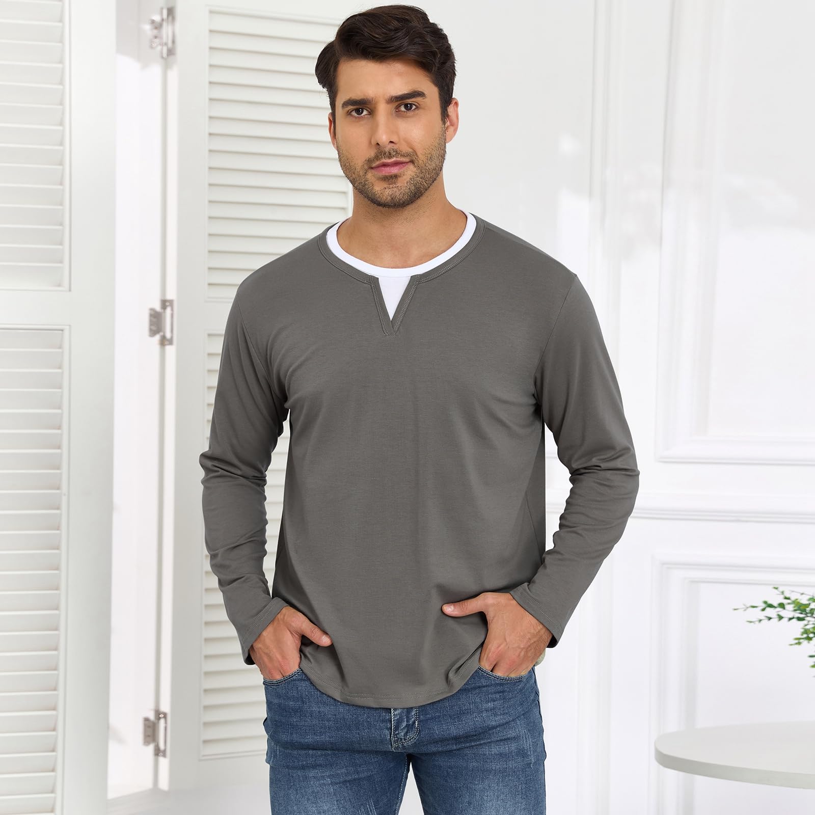 HOTIAN Herren Langarmshirts mit V-Ausschnitt Basic Pullover Henley Shirt Oberteile Freizeit Sweatshirt T-Shirt für Männer