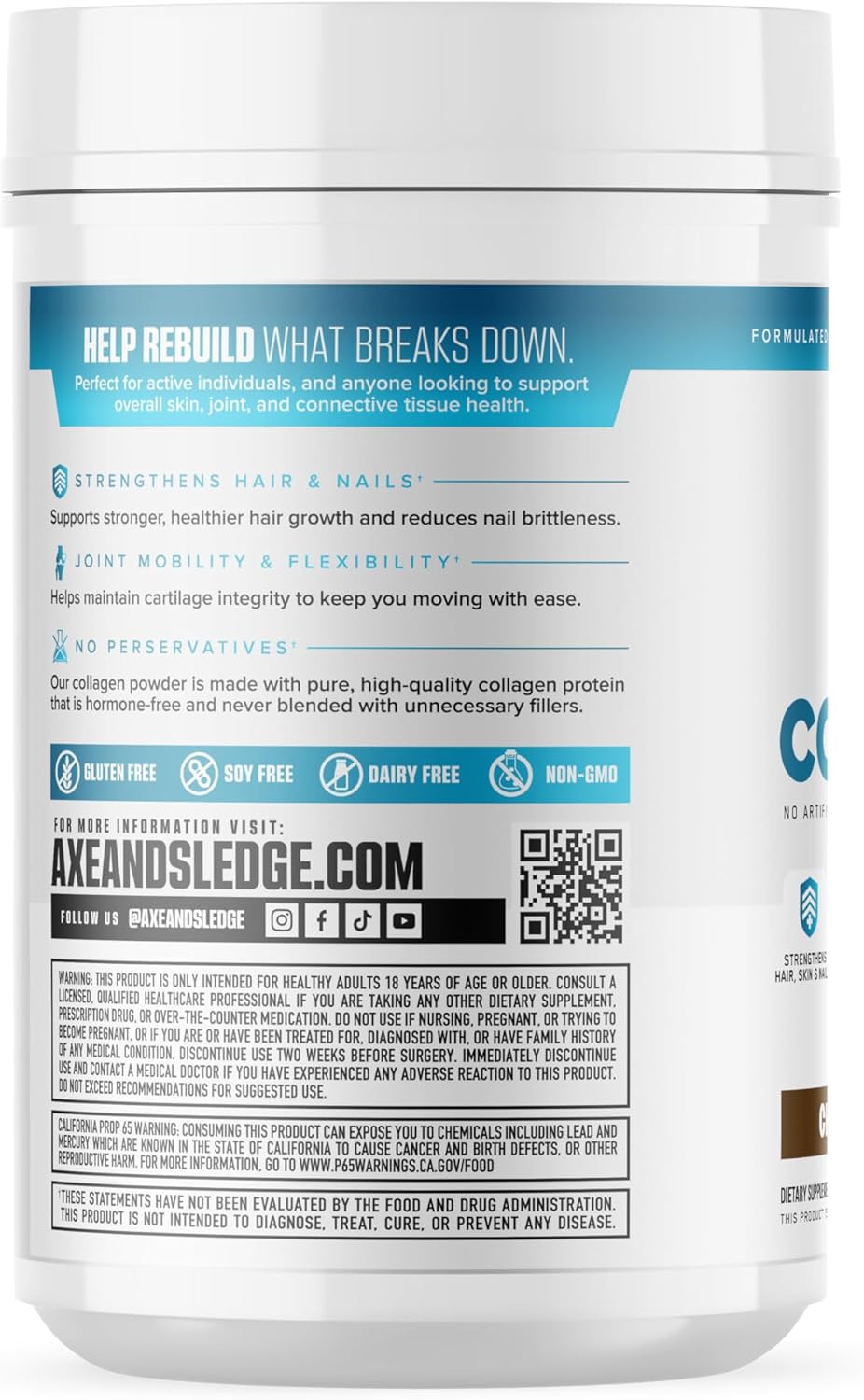 Axe & Sledge Pure Hydrolyzed Collagen Powder, Gluten Free, Keto and Paleo Friendly, Grass Fed, Chocolate, Non GMO, 1.46 Lbs