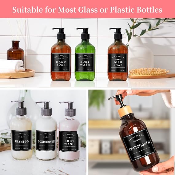 KSIWRE 24PCS Waterproof Soap Labels for Bottles,Shampoo Dispenser Label for Bathroom Organization,Removable Self-Adhesive Stickers for Hand Soap,Dish Soap,Conditioner,Body Wash,Mouthwash (Black,3
