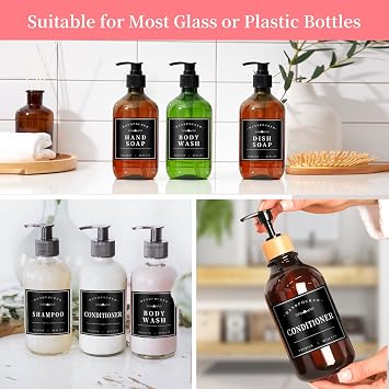 KSIWRE 24PCS Waterproof Soap Labels for Bottles,Shampoo Dispenser Label for Bathroom Organization,Removable Self-Adhesive Stickers for Hand Soap,Dish Soap,Conditioner,Body Wash,Mouthwash (Black,3