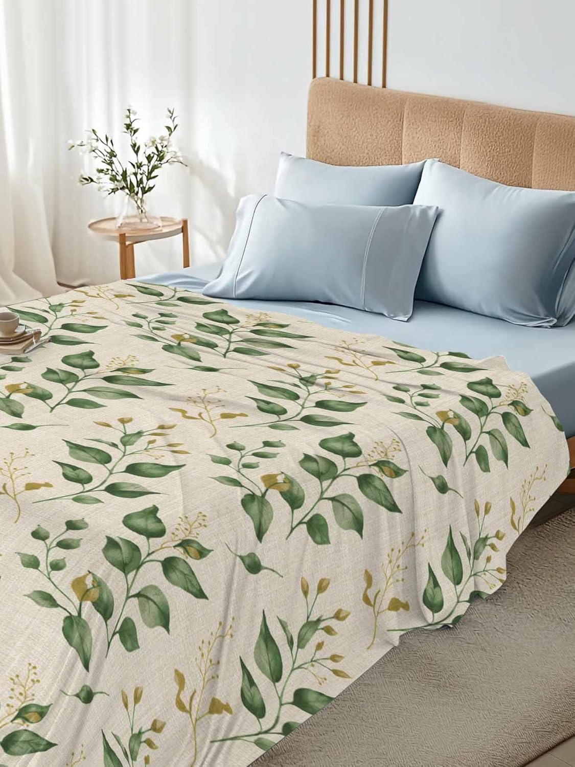 Top Sheet Twin XL Bedding Flat Sheet Only, Green Watercolor Leaves Seamless Microfiber Bed Sheets Soft Breathable Bedding Flat Sheets, Fallen Leaf Retro Linen Hotel Luxury Top Sheets