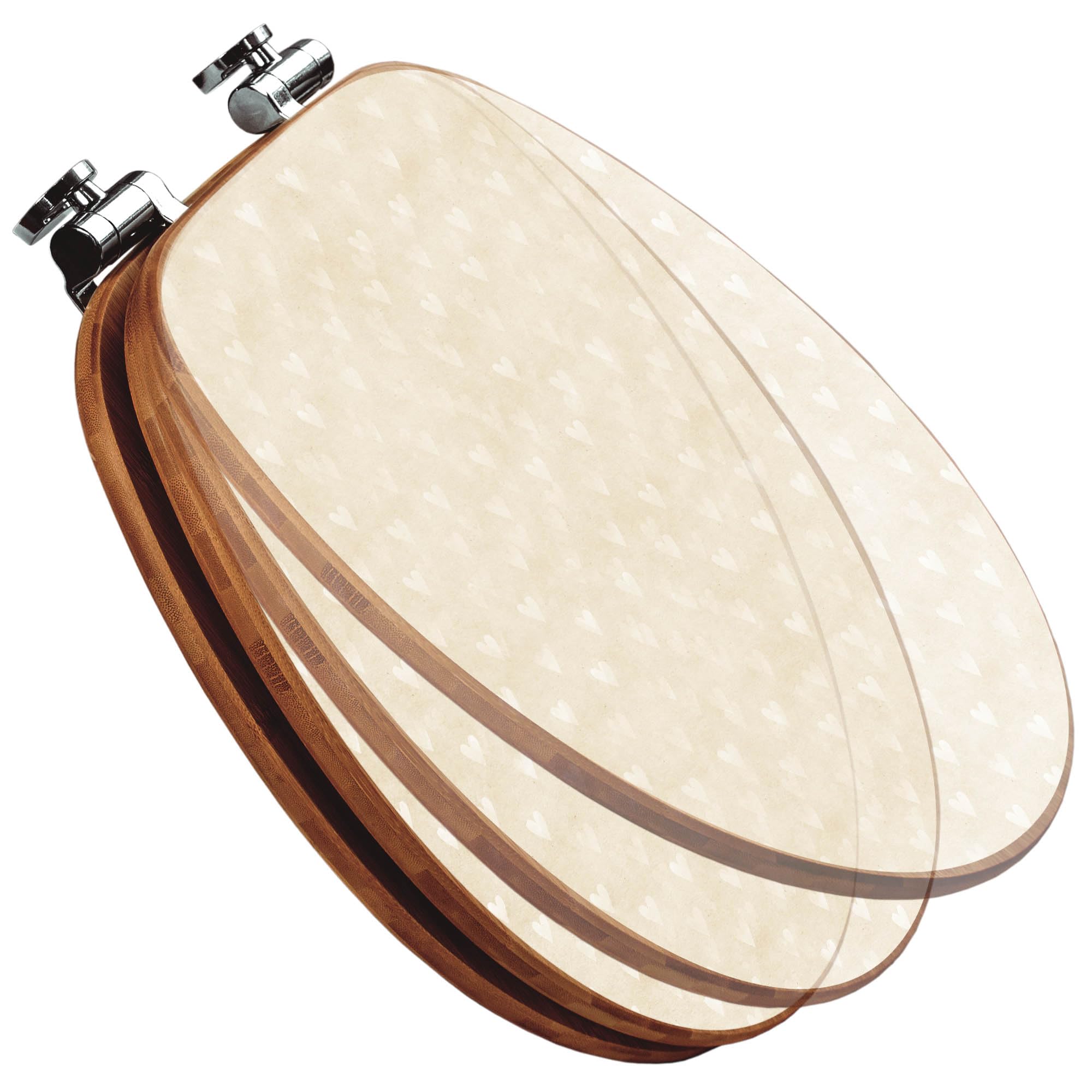 banjado Design WC Sitz Bambus Absenkautomatik 45,8x37,5cm - Toilettendeckel mit Absenkautomatik Holz - hochwertiger Bambus Klodeckel - WC-Sitz für gängigen Toiletten - Motiv Beige Herzen