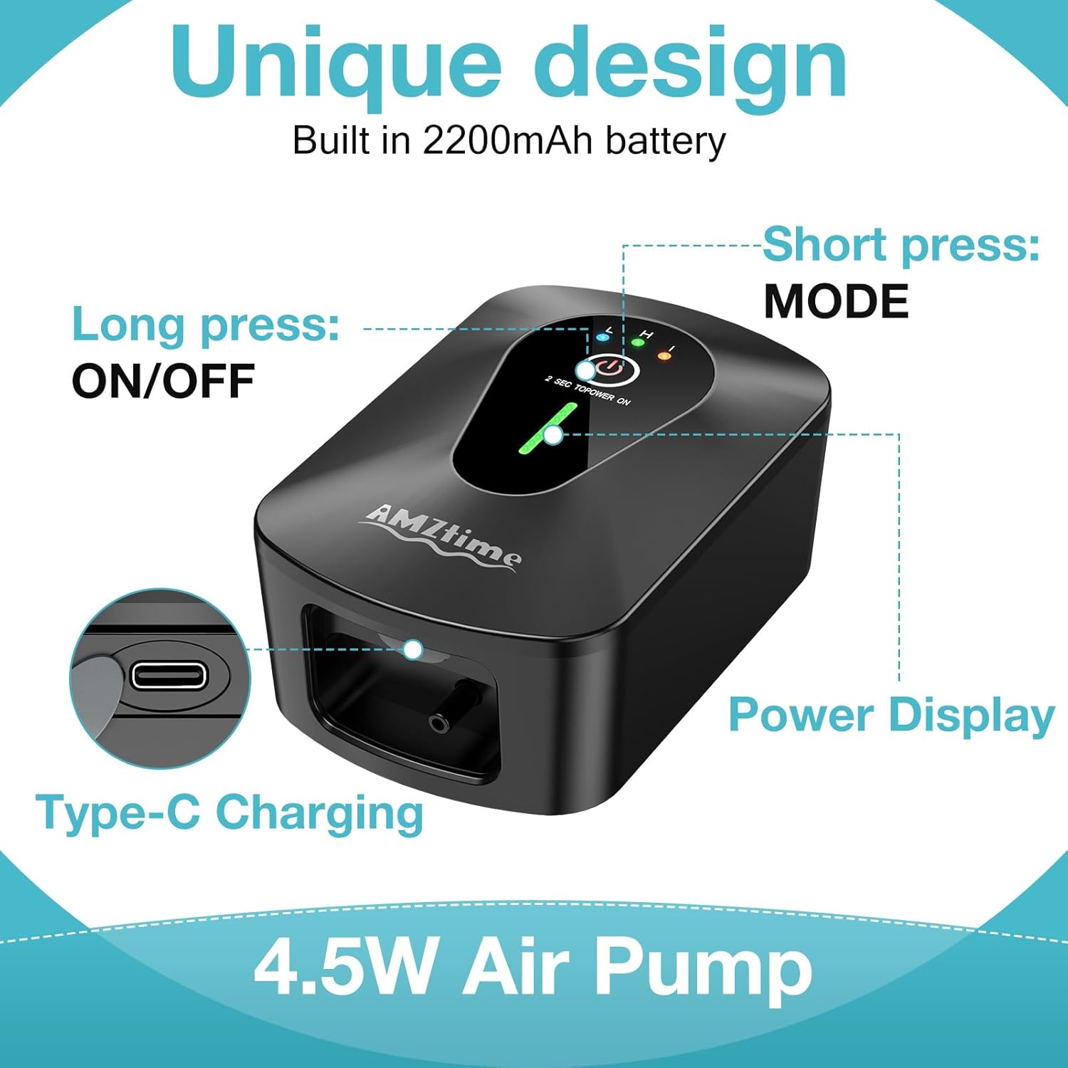 AMZtime 4.5W Solar Pond Aerator,2026 Upgrade Solar Aerator for Ponds with Large 2200mAh Battery,3 Working Modes(18H/36H/72H),2 Air Stones,Low Noise Solar Air Pump for Fish Tank,Koi Pond,Hydroponics