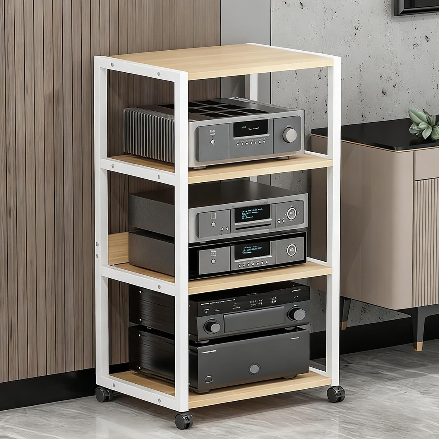 Mobile AV Media Stand on Wheels, 4-Tier Open Storage Rack, HiFi Stereo Audio Video Organizer, Space-Saving Metal Shelf, Easy Assembly, Modern White Finish