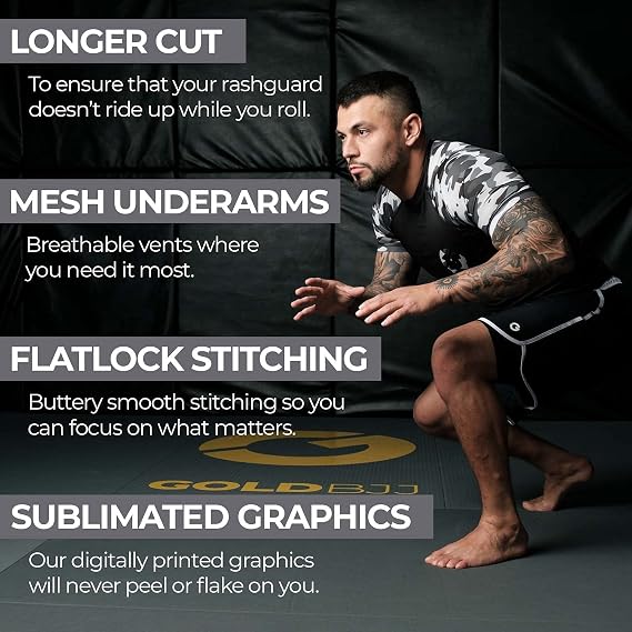 Gold BJJ Jiu Jitsu Rashguard - Camo Rash Guard Compression Shirt for No-Gi, Gi, MMA