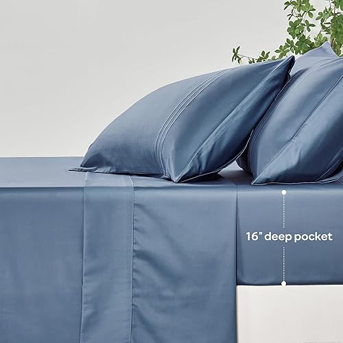 Miniatura 4 de JELLYMONI Juego de sábanas tamaño King, color azul, sábanas de satén 100% algodón de 400 hilos para cama tamaño King, sábanas suaves y frescas, ropa