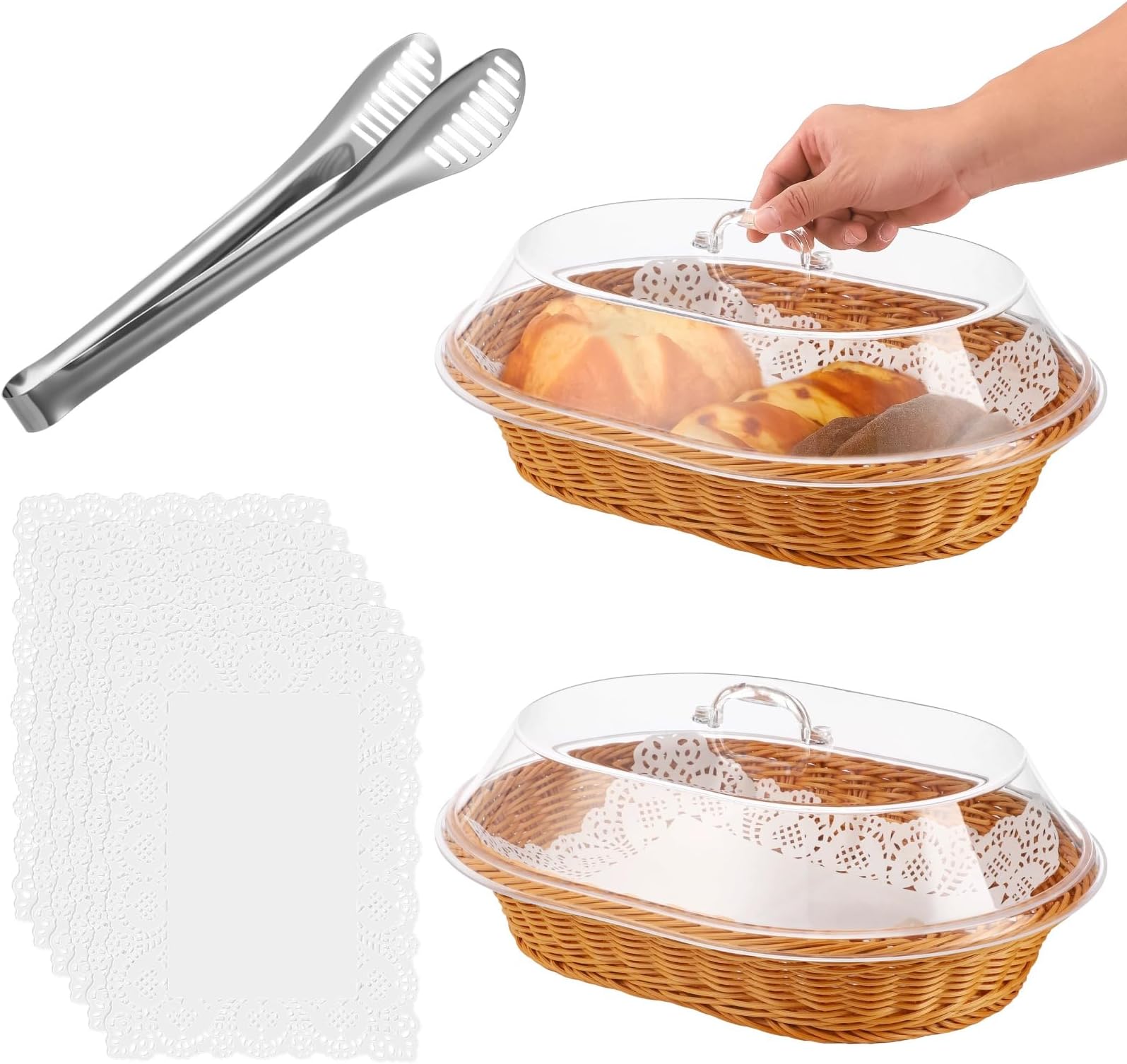 2 Pack Large Wicker Bread Basket with Lid, 15.7''×11.8'' Rectangular Plastic Imitation Rattan Woven Serving Basket with Stainless Steel Tong＆50 Paper Liners for Food Baking Display