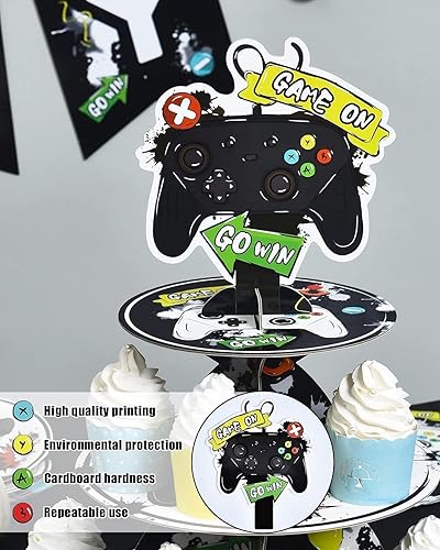 Vista 3 de Soporte para cupcakes de videojuegos – Suministros de fiesta de videojuegos para niños, jugadores, cumpleaños, 3 niveles, soporte para cupcakes