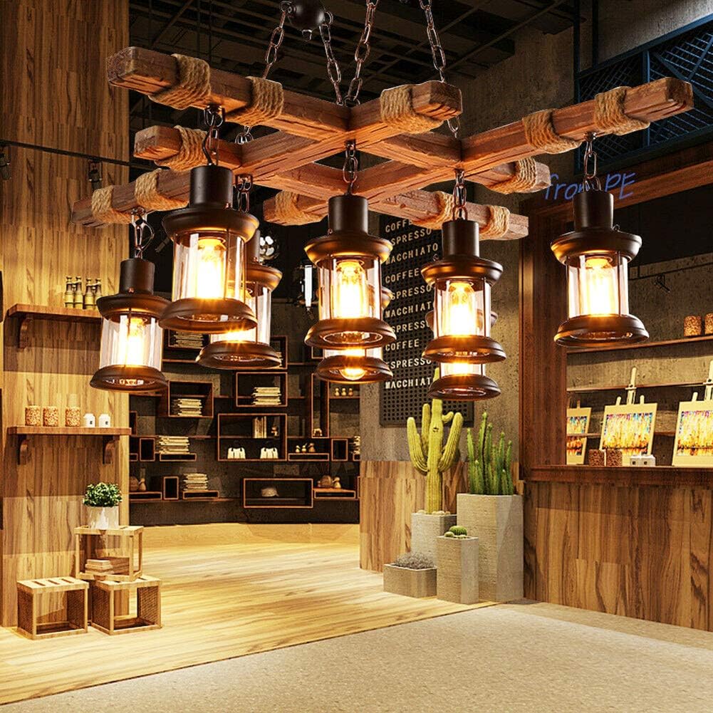 Farmhouse Pendant Light Chandelier Farmhouse Wooden Hanging Island Lighting Fixture Retro Industrial for Kitchen Dining Room Bar Restaurant（8-Light）