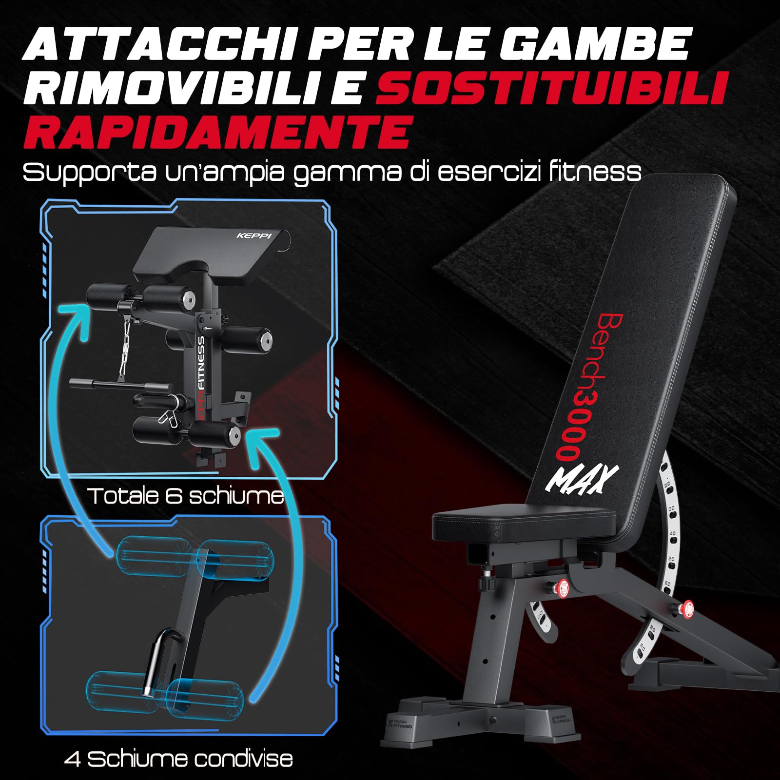 Keppi Panca Palestra Multifunzione, con 600 kg Capacità - Regolabile con Estensione per Gambe e Cuscinetto Preacher, Design Ultra Resistente per Casa - Bench3000 Max