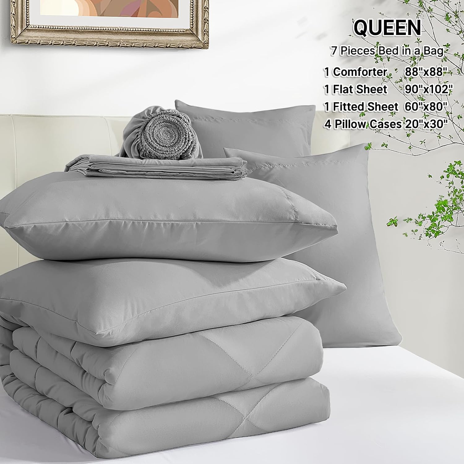 SunStyle Home Full/Queen Comforter Sets, 7-Pieces Bed in a Bag with Comforter and Sheets, All Season Bedding Sets with Comforter, Flat Sheet, Fitted Sheet Pillow Shams and Pillowcases (Light Grey) - Image 5