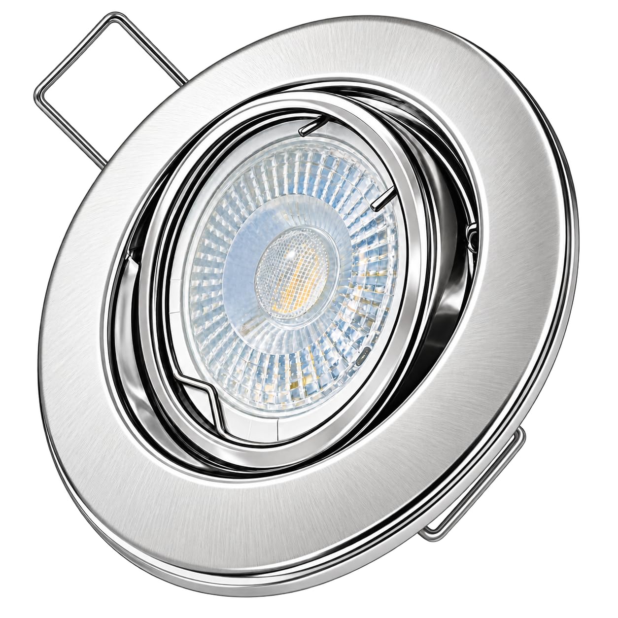 4er Set LED Einbaustrahler Tom 12V 3W - Rahmen in Edelstahl-Optik - 3000K Warmweiß, 250 lm - mit Trafo, Verteiler, 230V Zuleitung und MR16-Fassungen inkl. 120 cm Kabel. Plug & Play.