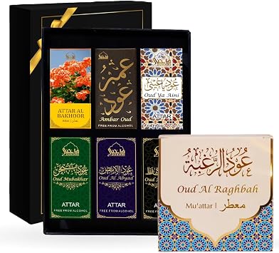 Oud Al Raghbah Muattar Bakhoor & Royal Attar Oil Set by Dukhni | 1 jar X 40 Grams & 6 Bottles x 6ml Each | Arabic Aromatic Incense Wood Chips & Fragrance Oils | Perfect for Prayer Time & Gifting