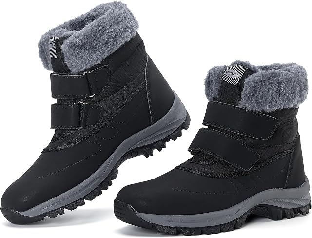 Snow Bottes pour femmes, Chaussures d'hiver imperméables à l'extérieur, Doublure artificielle confortable et Bottes plates anti-dérapantes à boucle magique pour femmes.