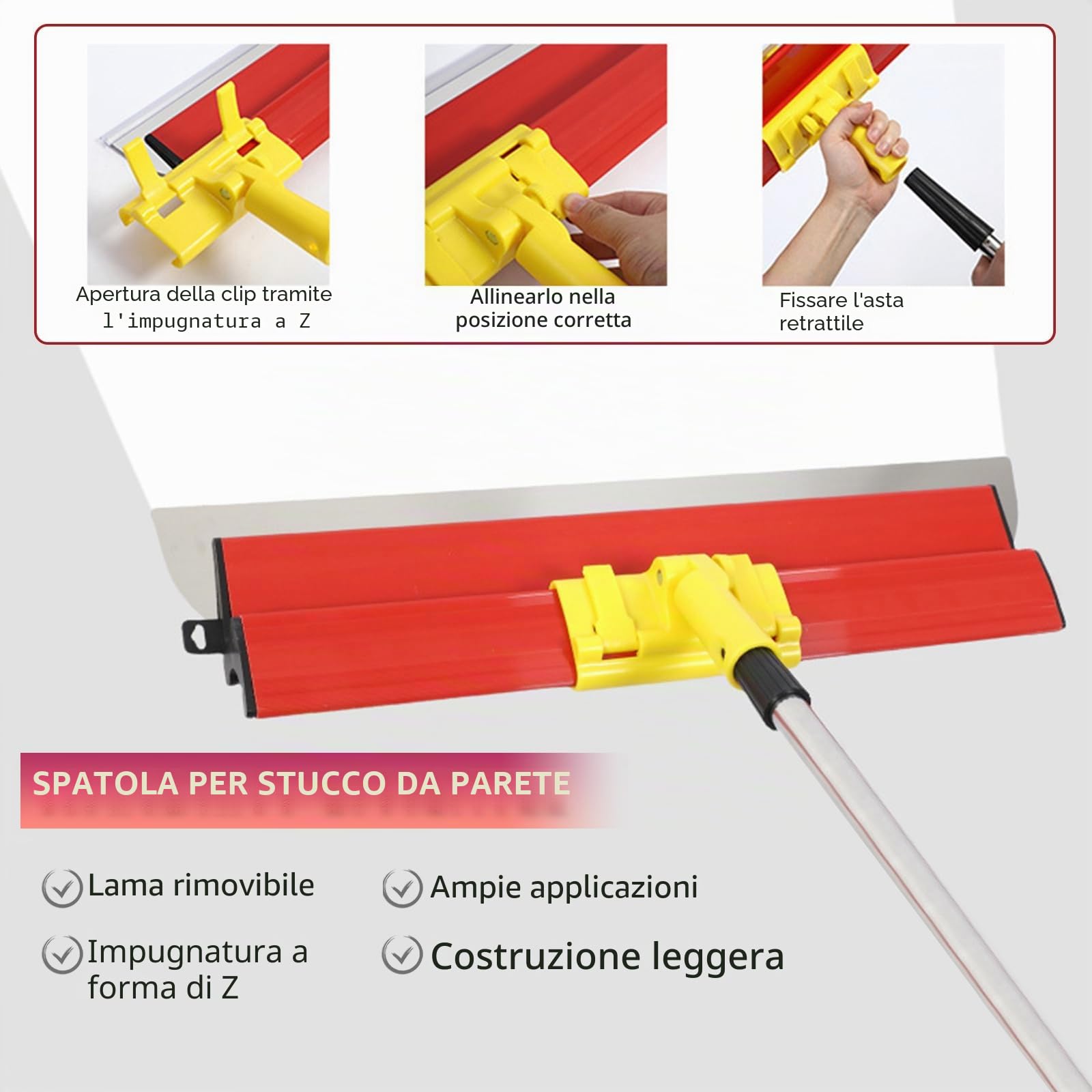 Set di spatole per superfici, 11 spatole (4 attrezzi e 4 lame in acciaio inox sostituibili e asta telescopica da 1,2 m e scatola di trasporto), manico ergonomico, per intonacare pareti e soffitti